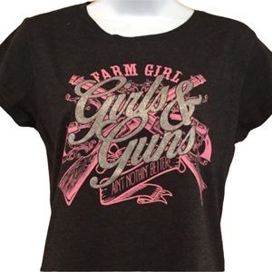 Women’s Farm Girl Brand Girls & Guns Short Sleeve Charcoal Pink Tee Medium